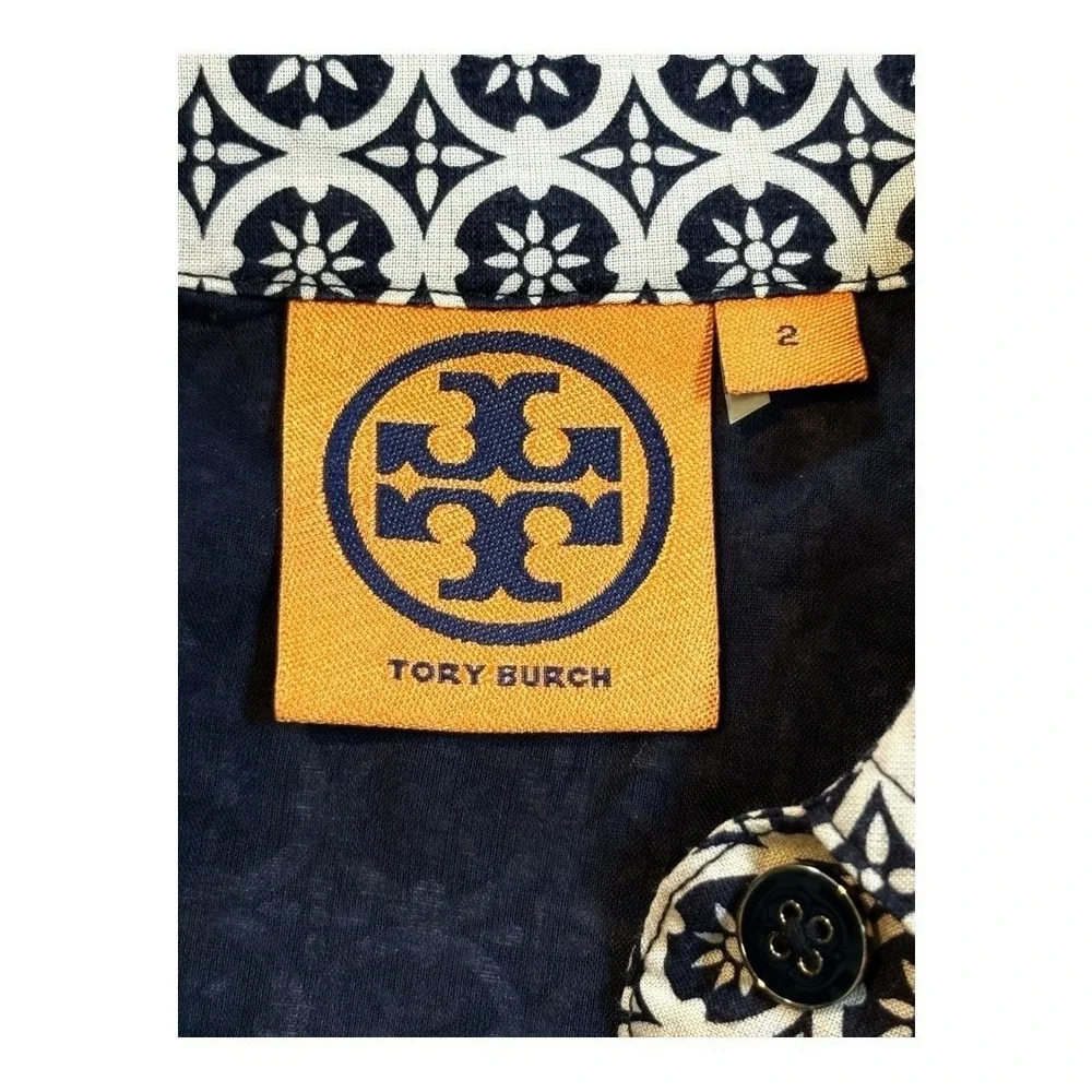 Tory Burch Cotton Shirt Dress Size 2 Geometric Print Roll Tab Sleeve Belted Mini